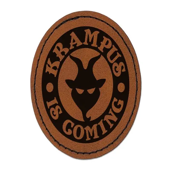 Krampus is Coming Christmas Round Iron-On Engraved Faux Leather Patch Applique - 2.5" Brown {1}