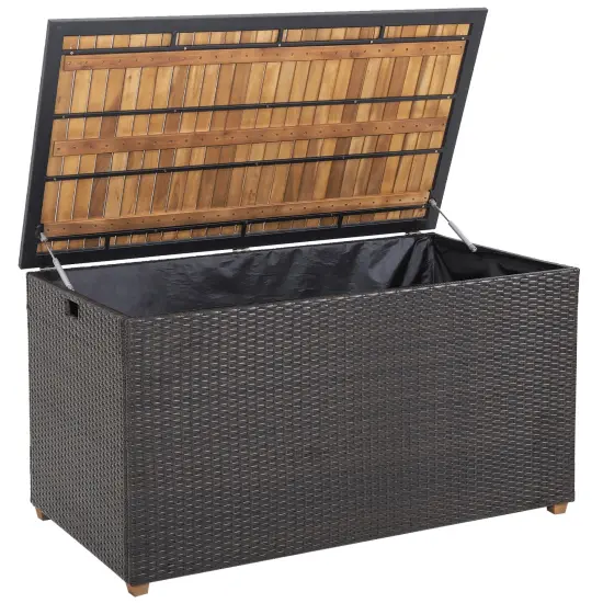 134 Gallon Rattan Storage Box with Zippered Liner and Solid Acacia Wood Top {3}