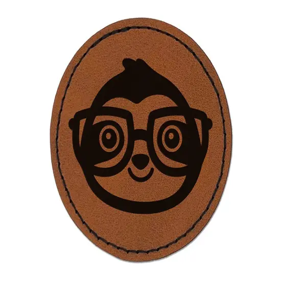 Sloth Smart with Glasses Round Iron-On Engraved Faux Leather Patch Applique - 2.5" Brown {1}