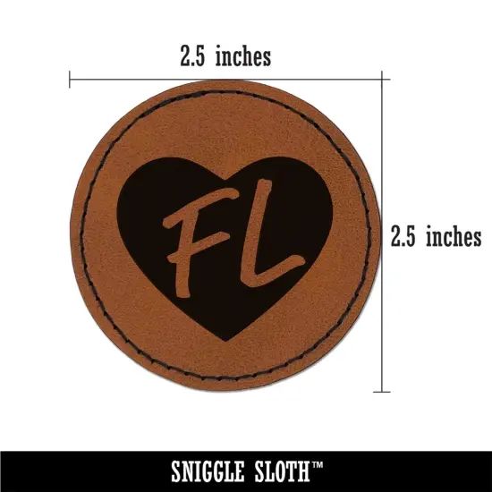 FL Florida State in Heart Round Iron-On Engraved Faux Leather Patch Applique - 2.5" Brown {3}