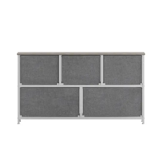 Emma and Oliver Marley 5 Drawer Storage Dresser with Cast Iron Frame, Wood Top, and Easy Pull Fabric Drawers with Wooden Handles LightNatDrawer/White {4}