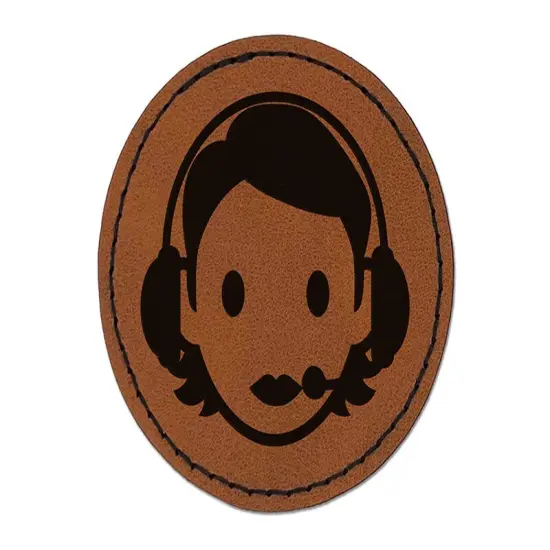 Occupation Customer Service Woman Icon Round Iron-On Engraved Faux Leather Patch Applique - 2.5" Brown {1}
