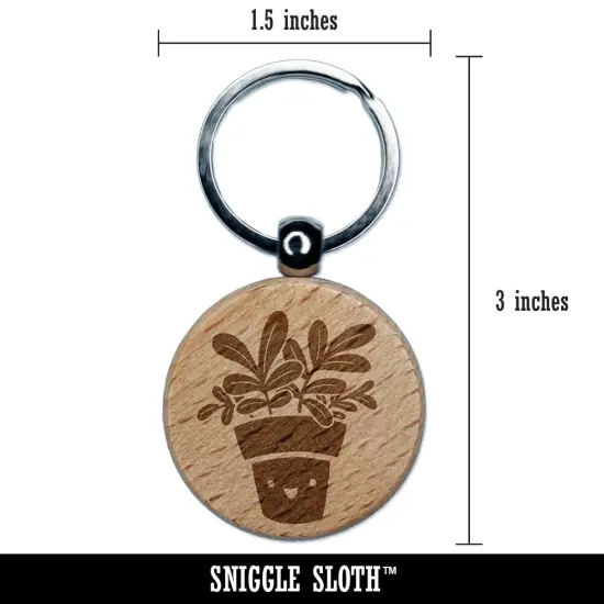 Happy Potted Plant Engraved Wood Round Keychain Tag Charm {2}