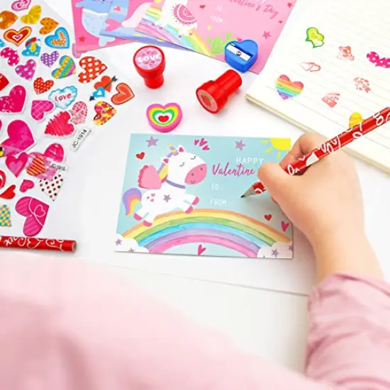 24 Pack Valentines Day Gifts for Kids - Valentines Day Stationery Gift with Cards Pencils Stickers Erasers Stampers Sharpener Cups Classroom Prize School Exchange Boys Girls Party Favors {3}