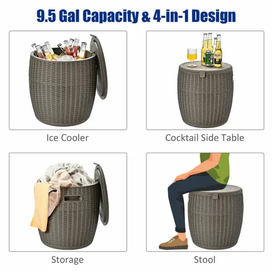 9.5 Gallon 4-in-1 Patio Rattan Cool Bar Cocktail Table Side Table Brown {6}