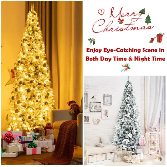 Costway 5ft/6ft/7ft/8ft Pre-lit Snow Flocked Christmas Tree w/ Berries & Poinsettia Flowers {6}