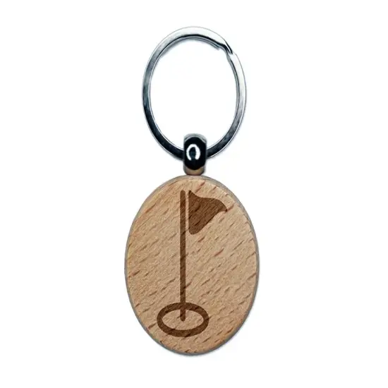 Golf Hole Flag Engraved Wood Round Keychain Tag Charm {1}