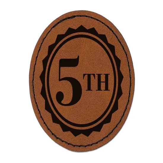 Fifth 5th Place Circle Award Round Iron-On Engraved Faux Leather Patch Applique - 2.5" Brown {1}
