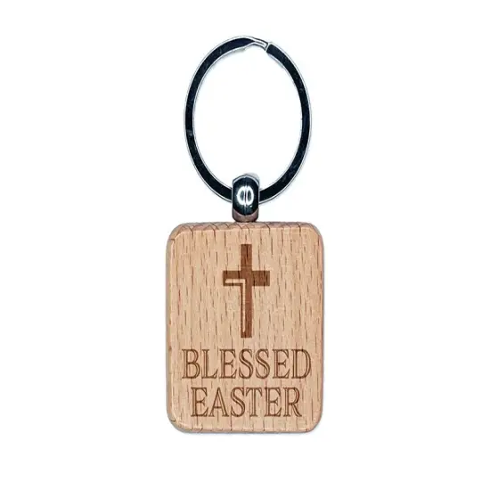Blessed Easter Engraved Wood Square Keychain Tag Charm {1}