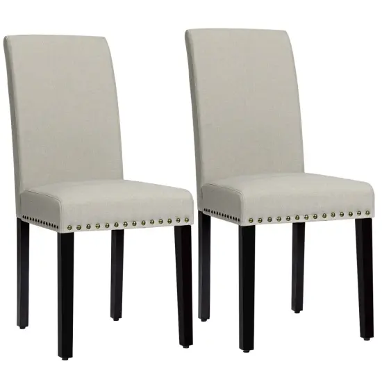 Set of 2 Fabric Upholstered Dining Chairs with Nailhead Beige {1}