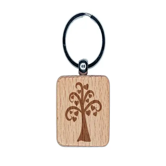 Heart Tree Valentine's Day Engraved Wood Square Keychain Tag Charm {1}