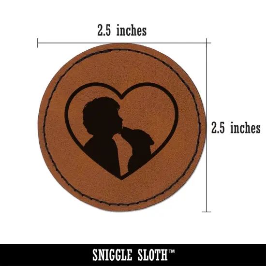 Dog Licking Boy's Face Heart Love Round Iron-On Engraved Faux Leather Patch Applique - 2.5" Brown {3}