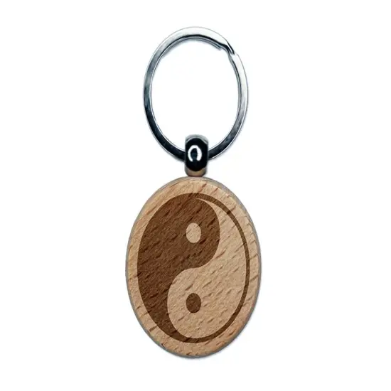 Yin and Yang Symbol Engraved Wood Round Keychain Tag Charm {1}