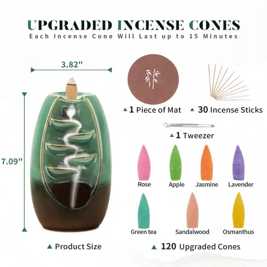 Backflow Incense Burner, Ceramic Waterfall Incense Burner Holder with 120 Incense Cones and 30 Incense Sticks Incense Fountain Smoke Waterfall for Meditation Zen Spiritual Room Home Decor, Cyan {6}