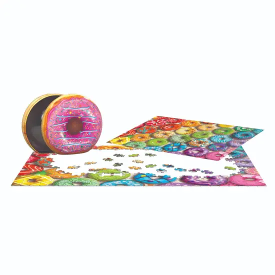 Eurographics 550 Piece Jigsaw Puzzle, Rainbow Donut in Donut Shaped Metal Storage Container {3}