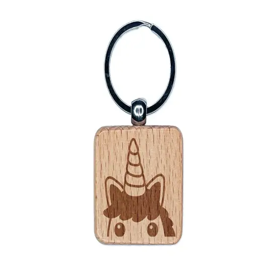 Peeking Unicorn Engraved Wood Square Keychain Tag Charm {1}