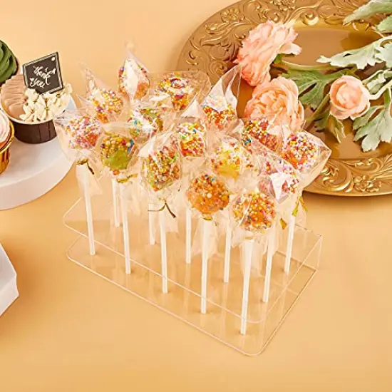 2 Pack Upgraded Acrylic Cake Pop Display Stand 15 Hole Clear Acrylic Lollipop Holder with 50Pcs Lollipop Sticks, 50Pcs Packaging Bags and 50Pcs Gold Metallic Twist Ties {4}
