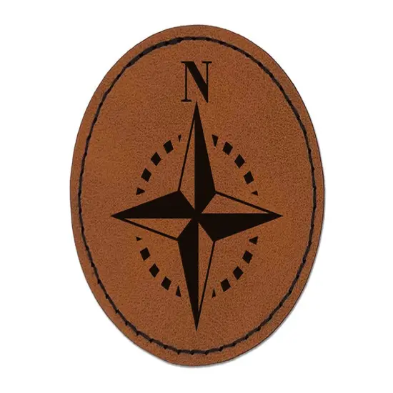 Compass Rose Nautical Star Navigation Map Round Iron-On Engraved Faux Leather Patch Applique - 2.5" Brown {1}