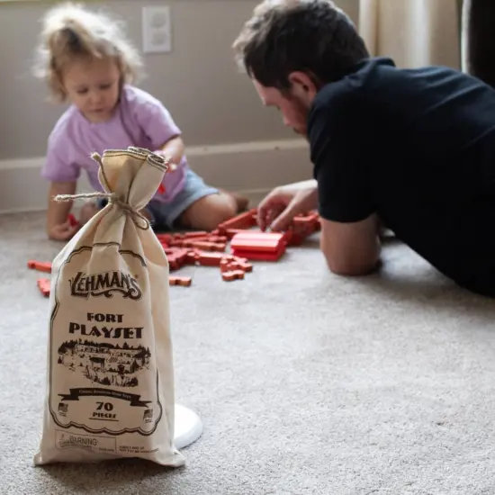 Lehman's Toy Log Fort Playset, Classic American Made Building Set, 70 Interlocking Wooden Pieces in Handy Storage Bag {5}