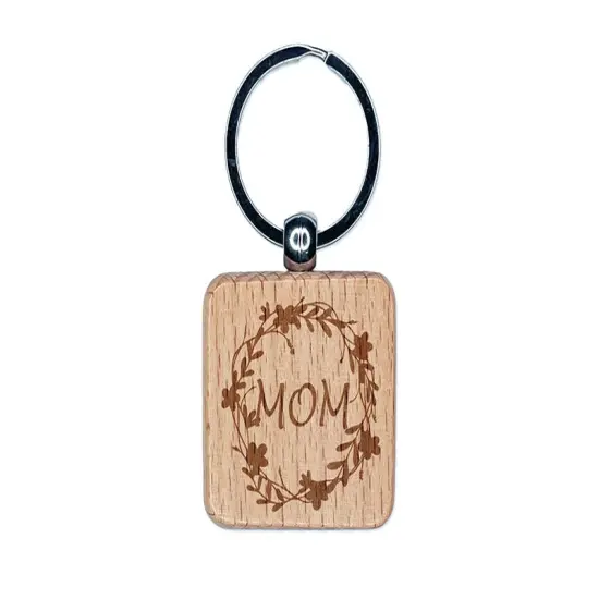 Mom Flower Wreath Mother's Day Engraved Wood Square Keychain Tag Charm {1}
