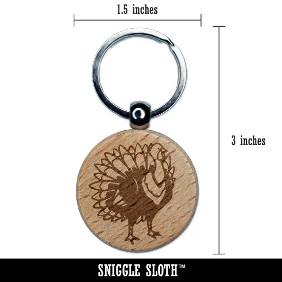 Proud Standing Turkey Engraved Wood Round Keychain Tag Charm {2}