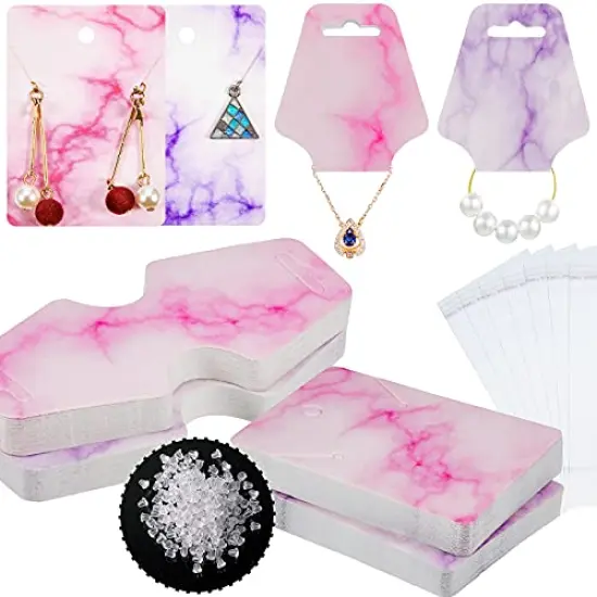 800 Pieces Earring Necklace Card Jewelry Display Earring Holder Cards Set, 200 Pieces Marble Display Card, 200 Pieces Self-Seal Bags, 400 Pieces Earring Backs for Jewelry Display (Purple, Pink) {1}