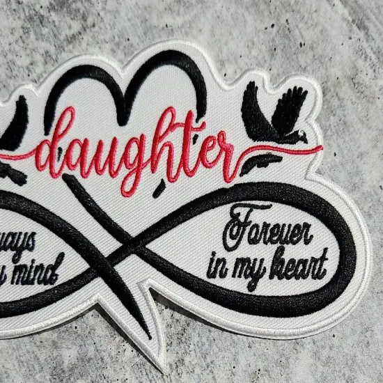 Memorial Infinity Collection: Patch Party Club, "DAUGHTER" Eternal Remembrance 1-pc, Iron-On Embroidered Patch, Sz 6", Tribute Honor {6}