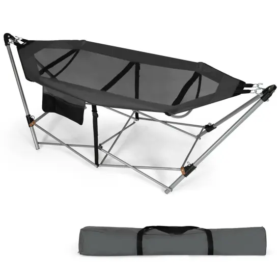 Outdoor Folding Hammock Bed with Breathable Fabric Metal Frame and Side Pocket Storage Grey {4}