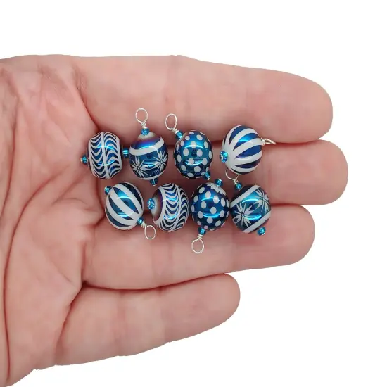Miniature Christmas Tree Ornaments in Blue Glass, 8 pieces with Hooks, Adorabilities {3}