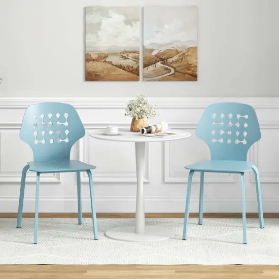 Costway Metal Dining Chair Set of 4 Armless Kitchen Hollowed Backrest & Metal Legs Blue/White {9}