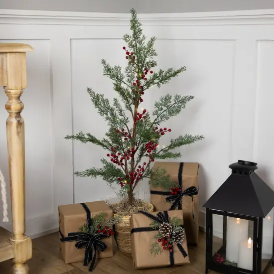 Northlight Pre-Lit Berries and Pine Artificial Potted Christmas Tree - 3' - Warm White LED Lights Green {3}