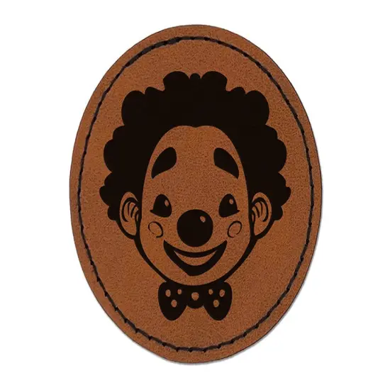 Cute Chibi Circus Party Clown Child Kid Round Iron-On Engraved Faux Leather Patch Applique - 2.5" Brown {1}