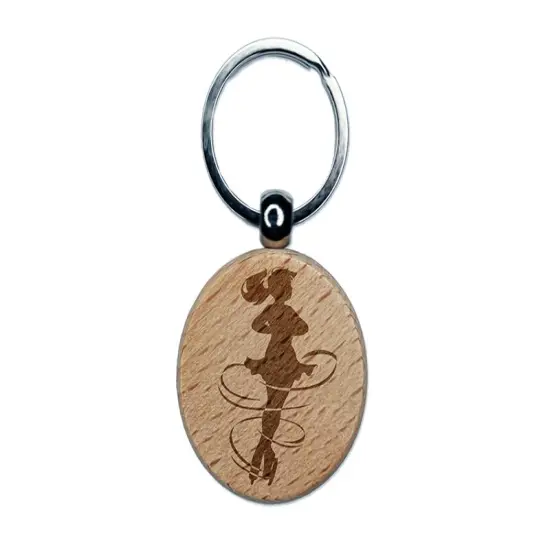 Spinning Jump Ice Figure Skating Skater Woman Engraved Wood Round Keychain Tag Charm {1}