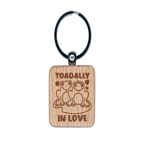 Toadally Totally In Love Frog Couple Anniversary Valentine's Day Engraved Wood Square Keychain Tag Charm {1}