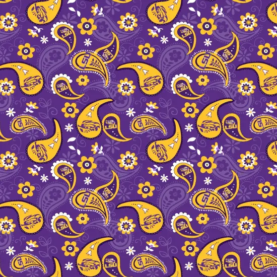 Sykel Enterprises-Louisiana State University Cotton Fabric-LSU Tigers Paisley Cotton Quilting Fabric {1}