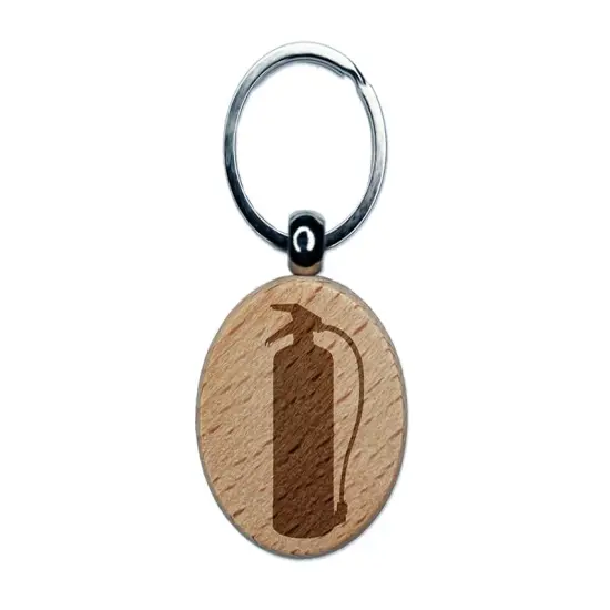 Fire Extinguisher Solid Engraved Wood Round Keychain Tag Charm {1}