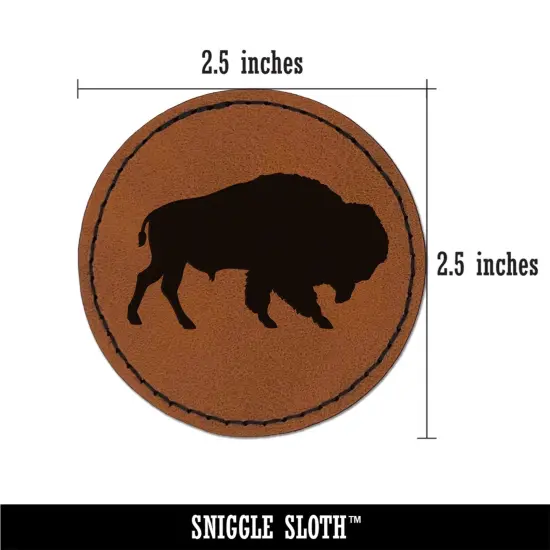 American Buffalo Bison Solid Round Iron-On Engraved Faux Leather Patch Applique - 2.5" Brown {3}