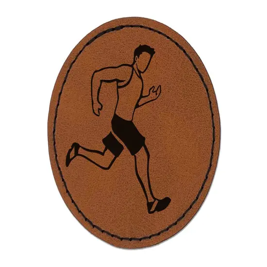 Running Man Fitness Exercise Marathon Workout Jogging Round Iron-On Engraved Faux Leather Patch Applique - 2.5" Brown {1}