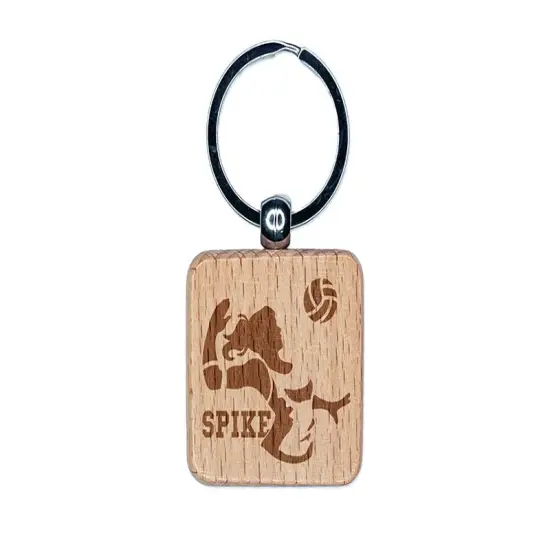 Volleyball Woman Spike Sports Move Engraved Wood Square Keychain Tag Charm {1}