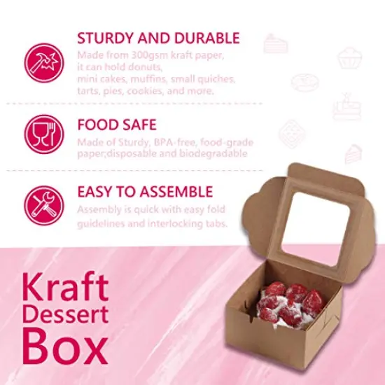 25-Pack Kraft Paper Bakery Boxes - Single Pastry Box 4-Inch, Packaging with Clear Display Window, Donut, Mini Cake, Pie Slice, Dessert Disposable Take-Out Container, Brown, 4 x 2.3 x 4 Inches {6}
