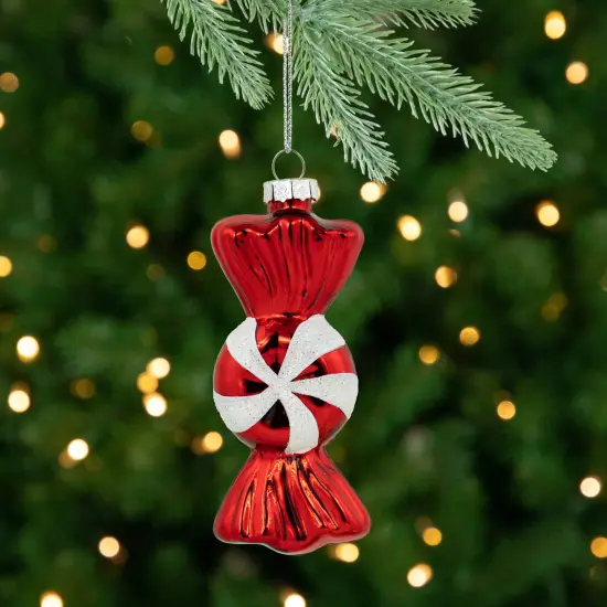 Northlight Set of 2 Shiny Red and White Glittered Candy Christmas Glass Ornaments 4" {3}