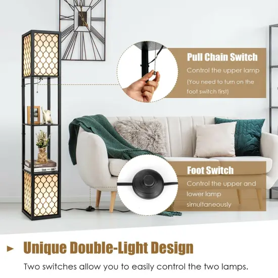 Modern Shelf Freestanding Floor Lamp with Double Lamp Pull Chain and Foot Switch {6}