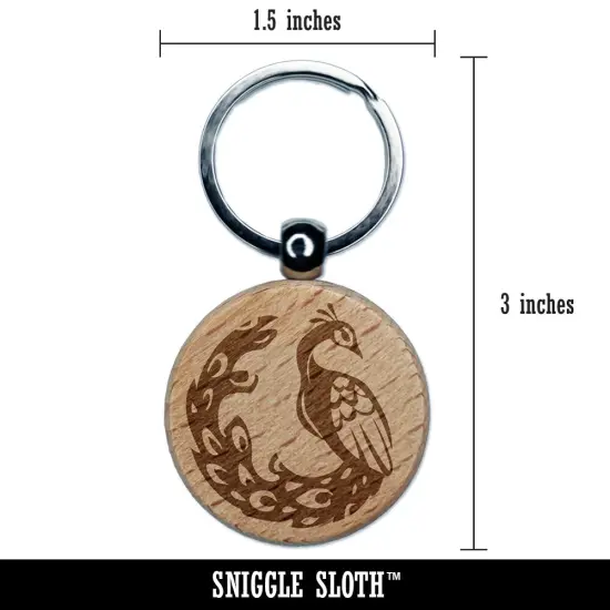 Elegant Sitting Peacock Engraved Wood Round Keychain Tag Charm {2}
