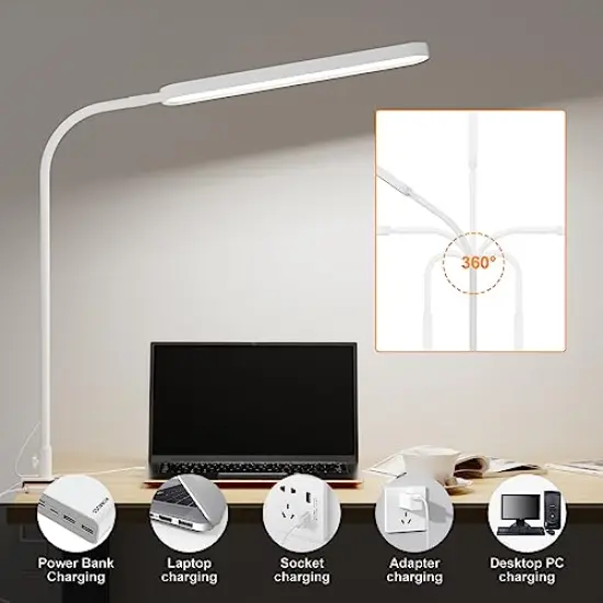 Desk Lamp for Office Home- 34" LED Desk Light - Touch Control - 5 Color Modes X 11 Brightness Levels - 1300ML(112 Pcs Lamp Beads) - Timmer & Memory Function - 12W Clip On Light - White {1}