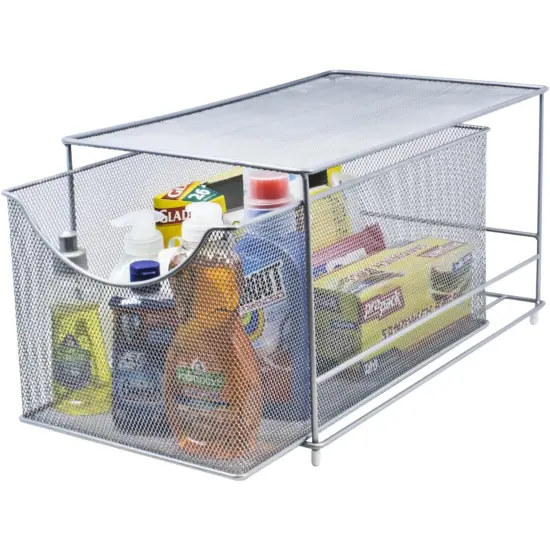 Sorbus Mesh Cabinet Organizer Basket With Sliding Drawer &mdash;Stackable, Ideal for Countertop, Cabinet, Pantry, Under the Sink, Desktop and More Silver {1}