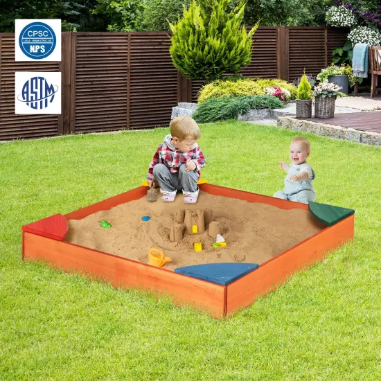 Kids Outdoor Wooden Backyard Sandbox with Built-in Corner Seating {2}
