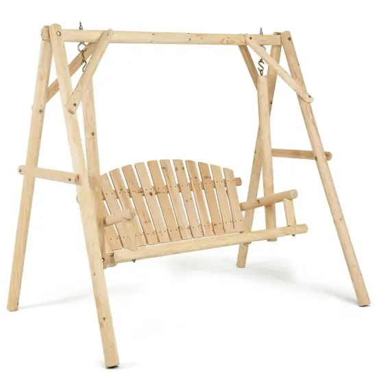 Outdoor Wooden Porch Bench Swing Chair with Rustic Curved Back {1}