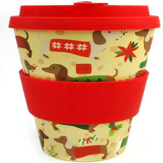 TINYMILLS Eco-Friendly Reusable Plant Fiber 14 oz Travel Mug with Christmas Wiener Dog Design {1}