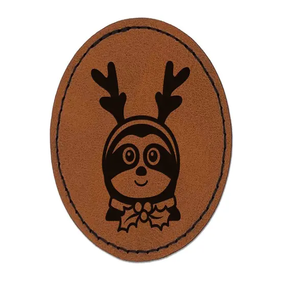 Sloth Reindeer Christmas Round Iron-On Engraved Faux Leather Patch Applique - 2.5" Brown {1}