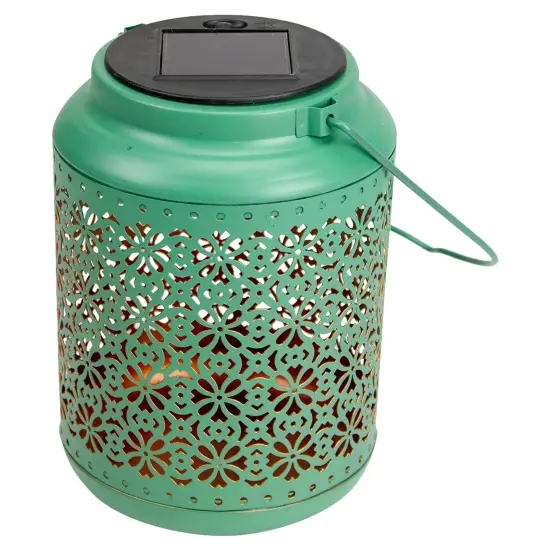 Northlight 7" Green Integrated Floral Pattern Outdoor Solar Lantern with Handle {6}